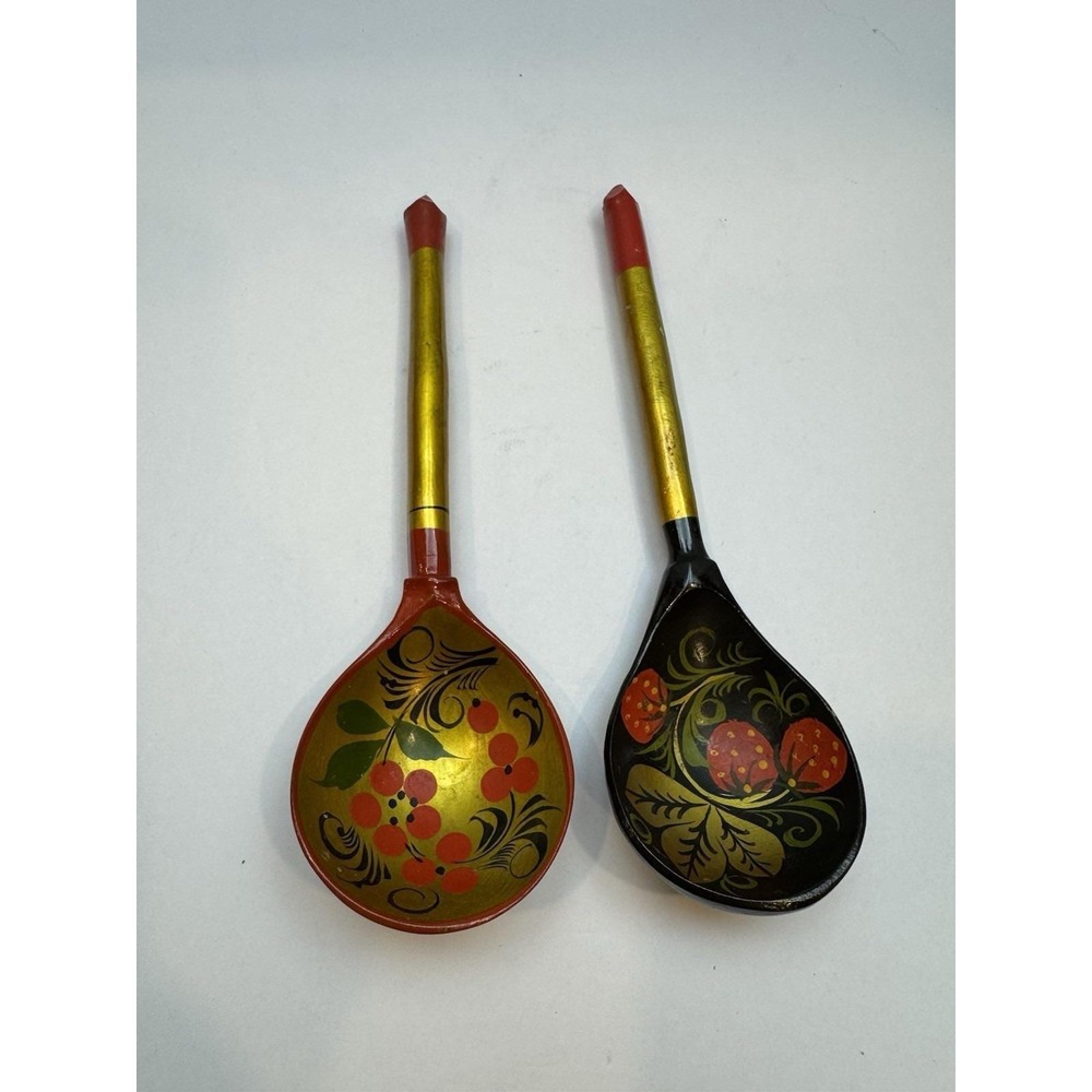 Russian Khokhloma Hand-Painted Wooden Spoons Floral Folk Art Gold Red Black